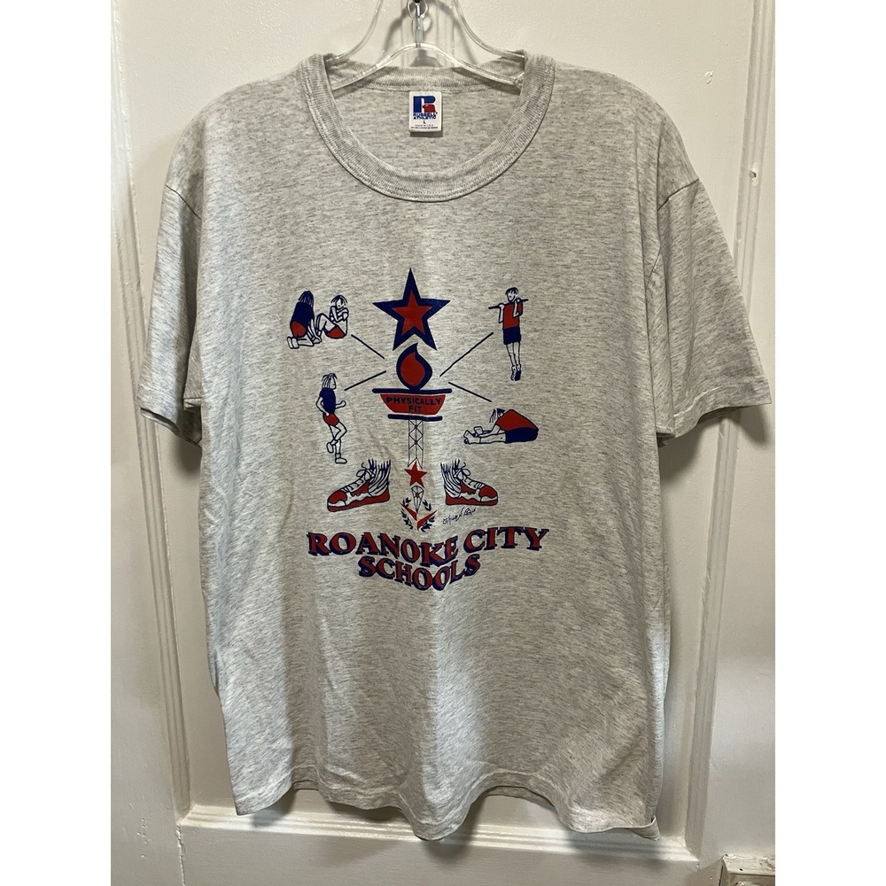 VTG Roanoke City Schools PE Shirt Russell Athletic Single Stitch Grey Heather L